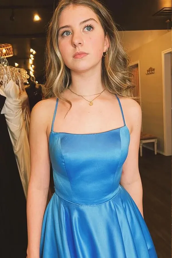 Blue A-line Spaghetti Straps Satin Side Slit Prom Dresses, Evening Gown, MP753