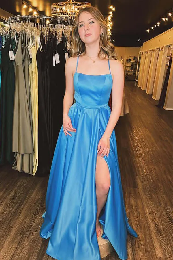 Blue A-line Spaghetti Straps Satin Side Slit Prom Dresses, Evening Gown, MP753