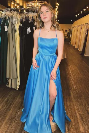 Blue A-line Spaghetti Straps Satin Side Slit Prom Dresses, Evening Gown, MP753