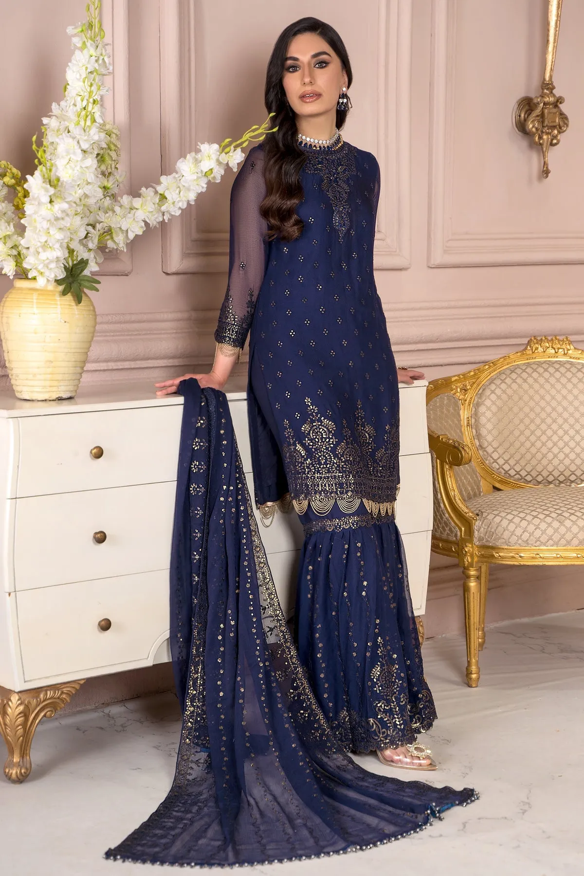 Blue Pakistani Kameez Sharara with Dupatta Party Wear
