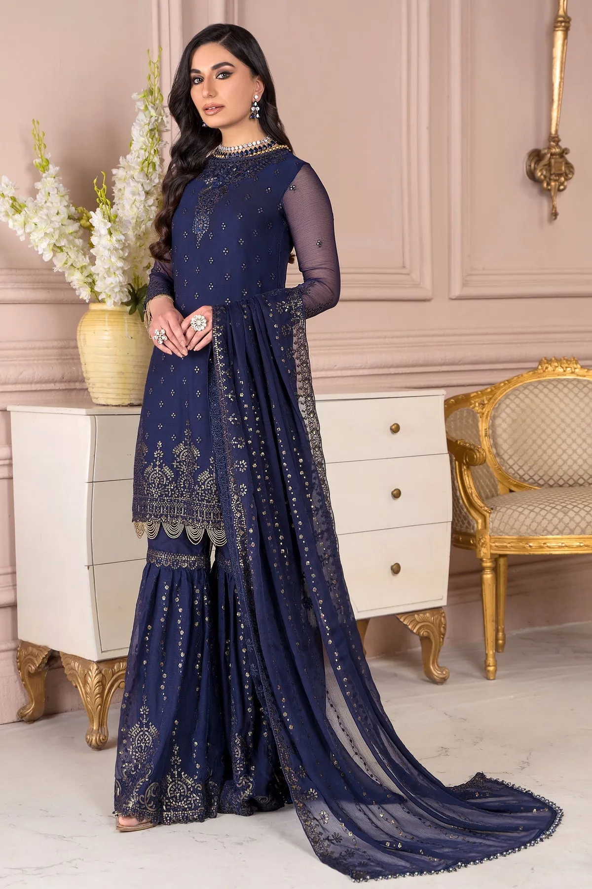Blue Pakistani Kameez Sharara with Dupatta Party Wear