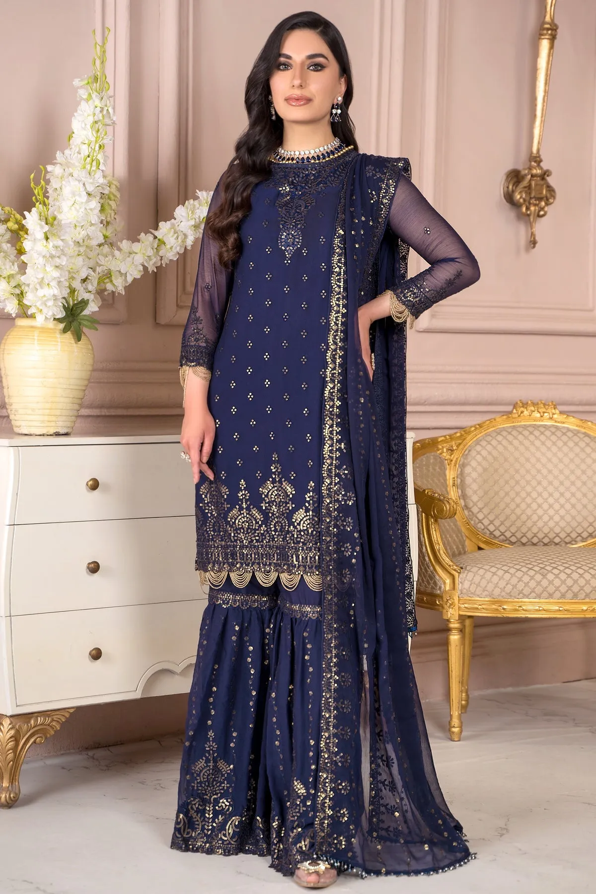 Blue Pakistani Kameez Sharara with Dupatta Party Wear