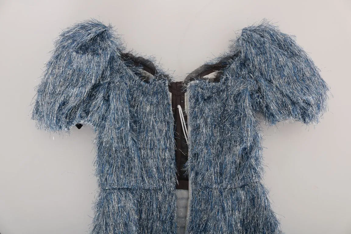 Blue Ruffled Fringes Long Sheath Dress