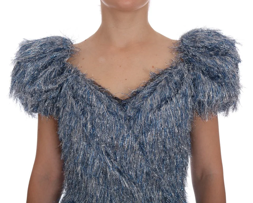 Blue Ruffled Fringes Long Sheath Dress