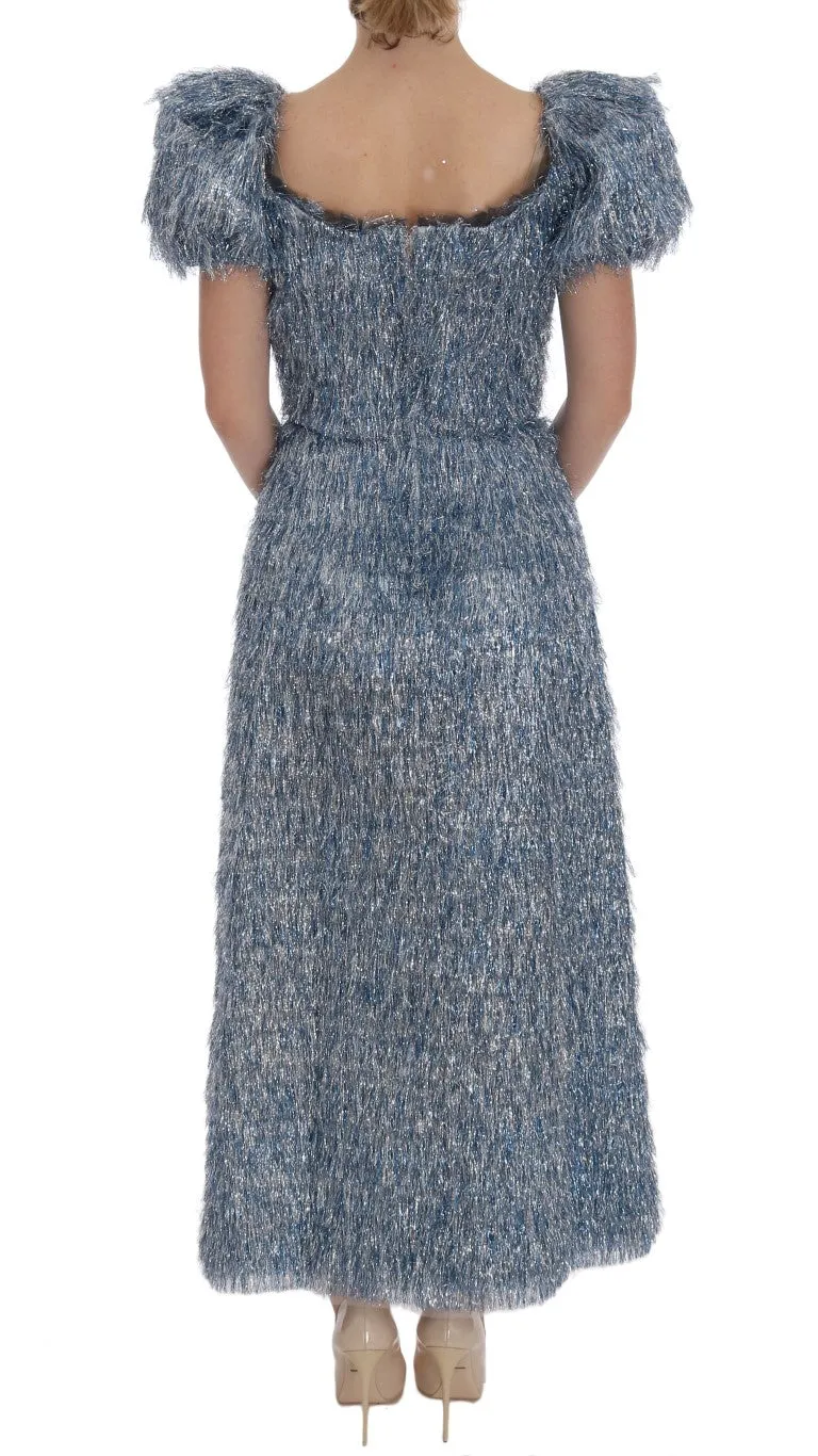 Blue Ruffled Fringes Long Sheath Dress