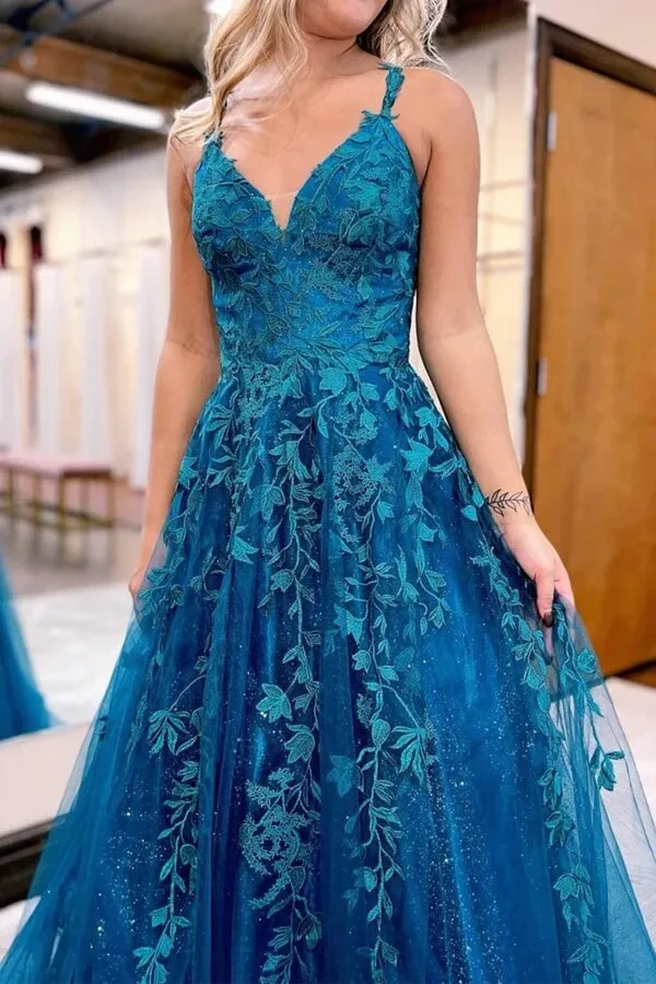 Blue Tulle A-line Prom Dresses With Lace Appliques, Evening Dresses, MP806