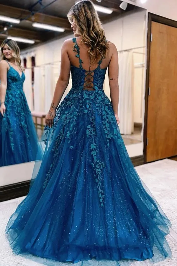 Blue Tulle A-line Prom Dresses With Lace Appliques, Evening Dresses, MP806