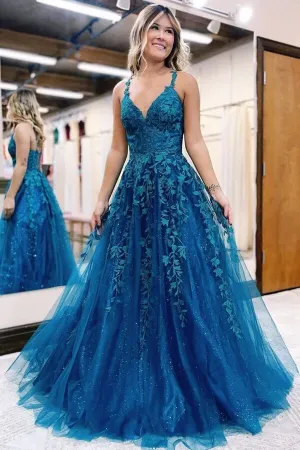 Blue Tulle A-line Prom Dresses With Lace Appliques, Evening Dresses, MP806