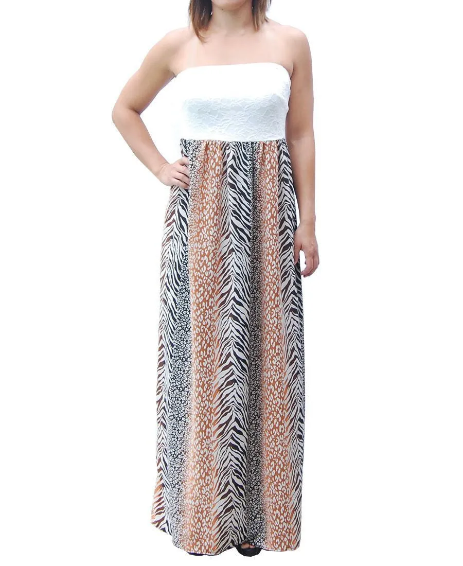Brown Gray Strapless Lace Mixed Zebra Leopard Animal Print Long Evening Maxi Dress
