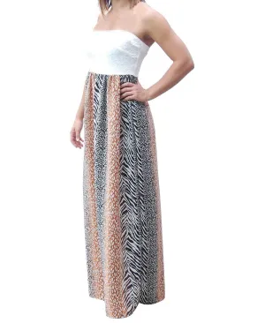 Brown Gray Strapless Lace Mixed Zebra Leopard Animal Print Long Evening Maxi Dress