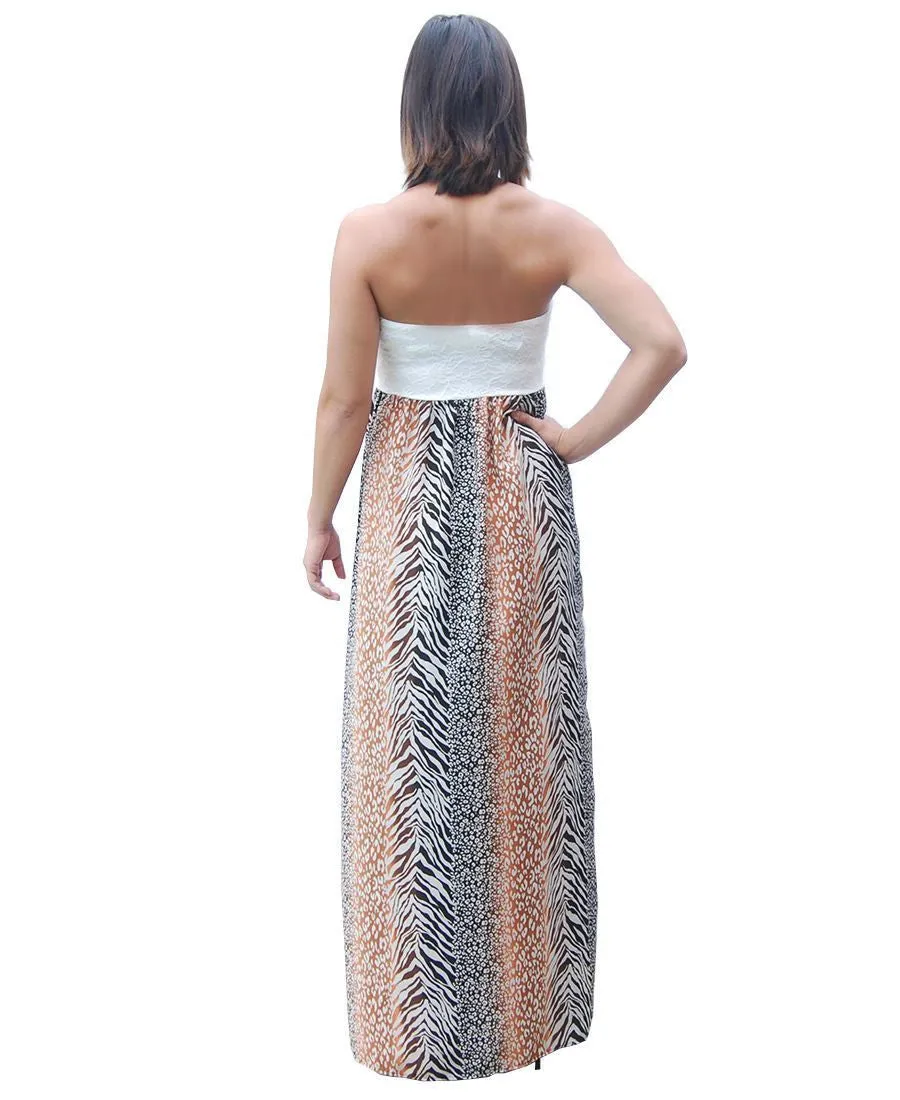 Brown Gray Strapless Lace Mixed Zebra Leopard Animal Print Long Evening Maxi Dress
