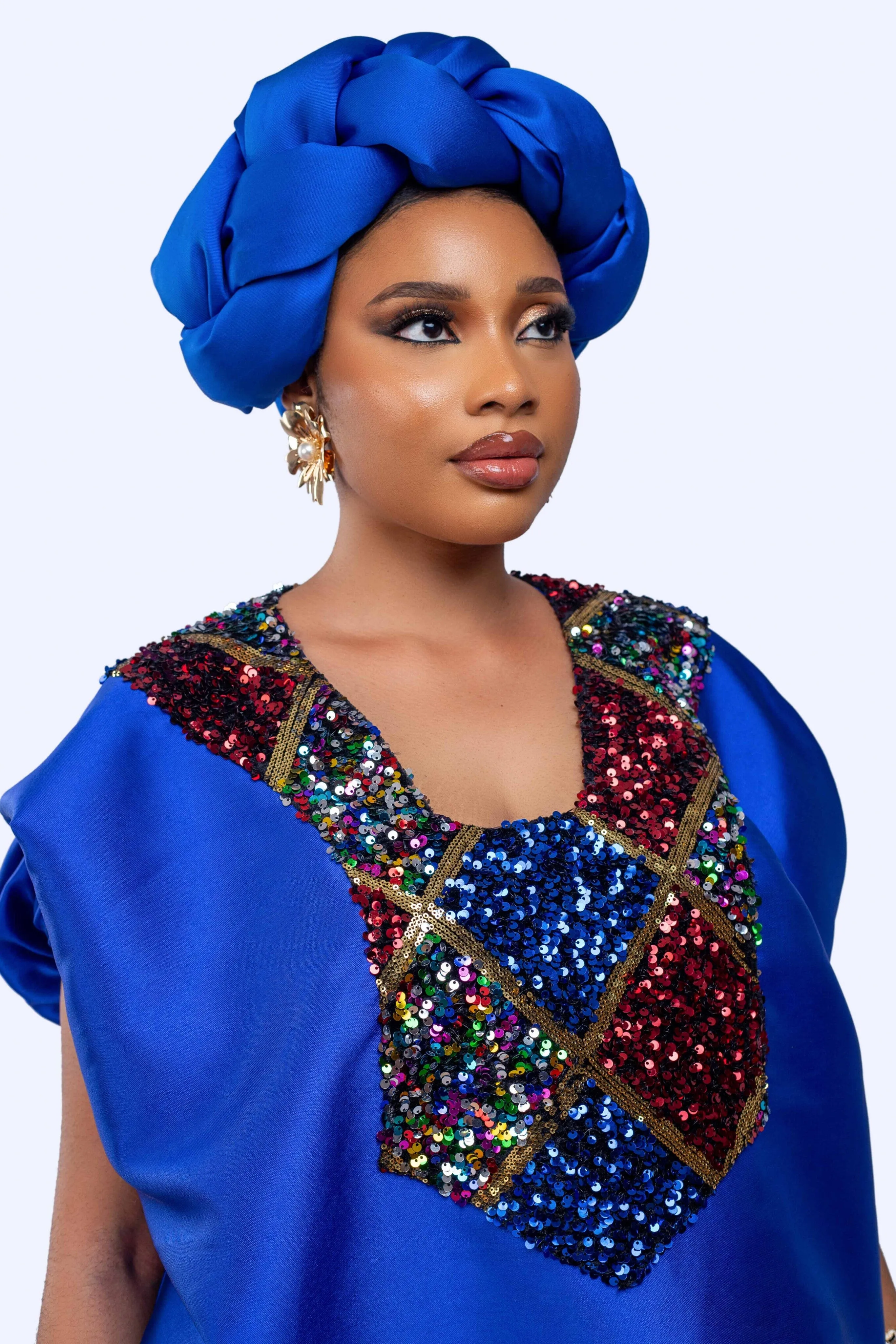 Buga Boubou Short Dress with Multicolored Sequin neckline (Blue)