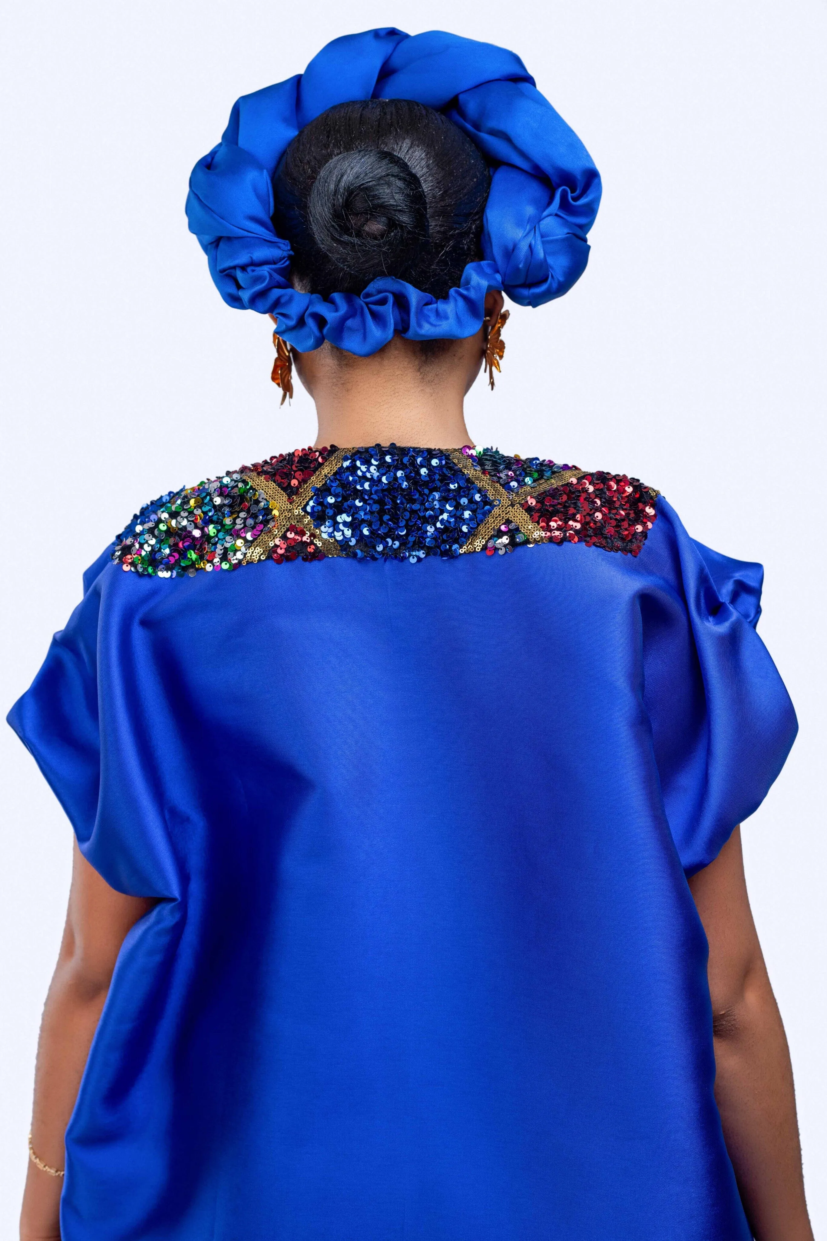 Buga Boubou Short Dress with Multicolored Sequin neckline (Blue)