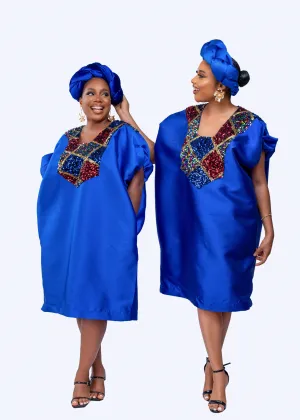 Buga Boubou Short Dress with Multicolored Sequin neckline (Blue)