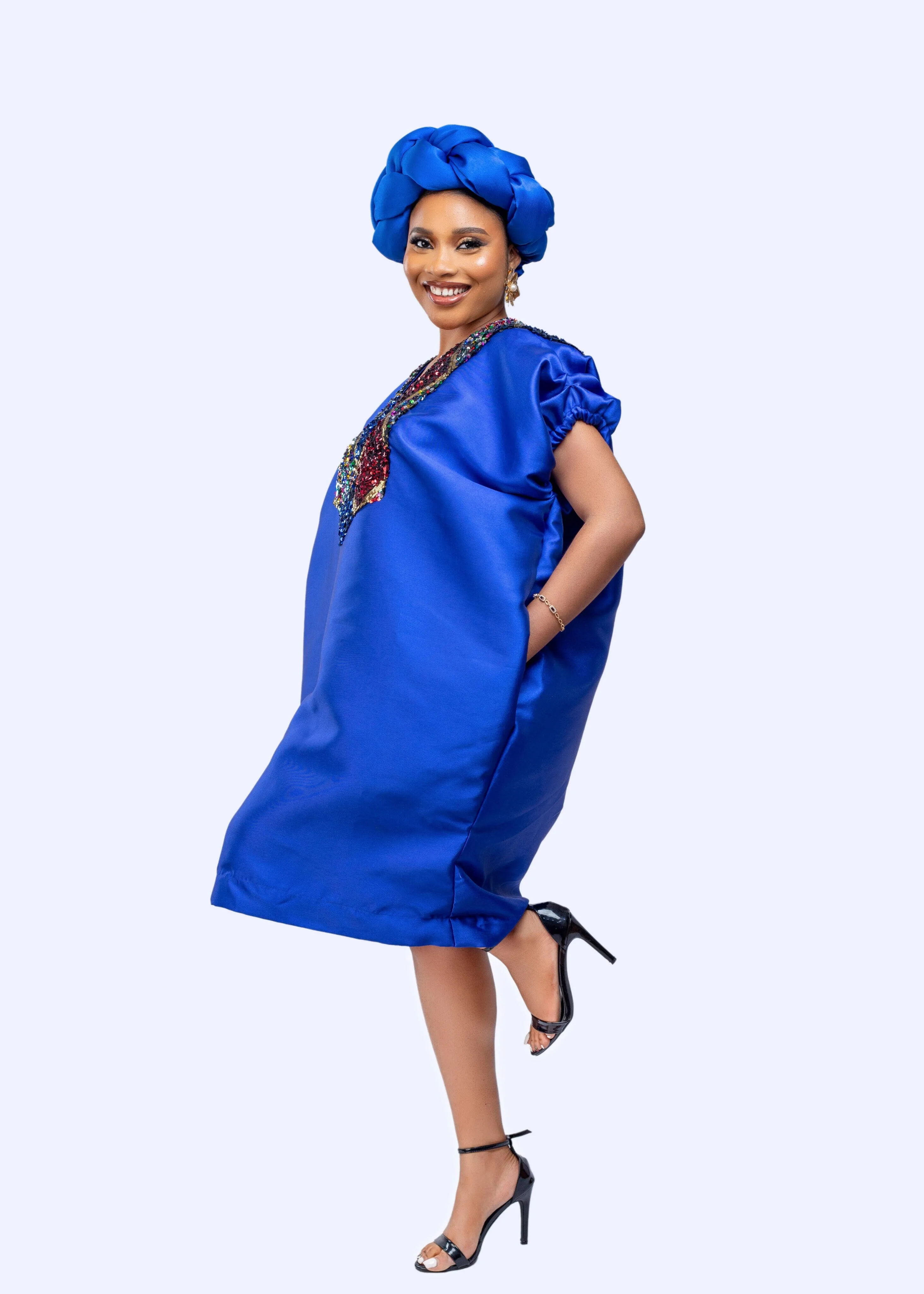 Buga Boubou Short Dress with Multicolored Sequin neckline (Blue)
