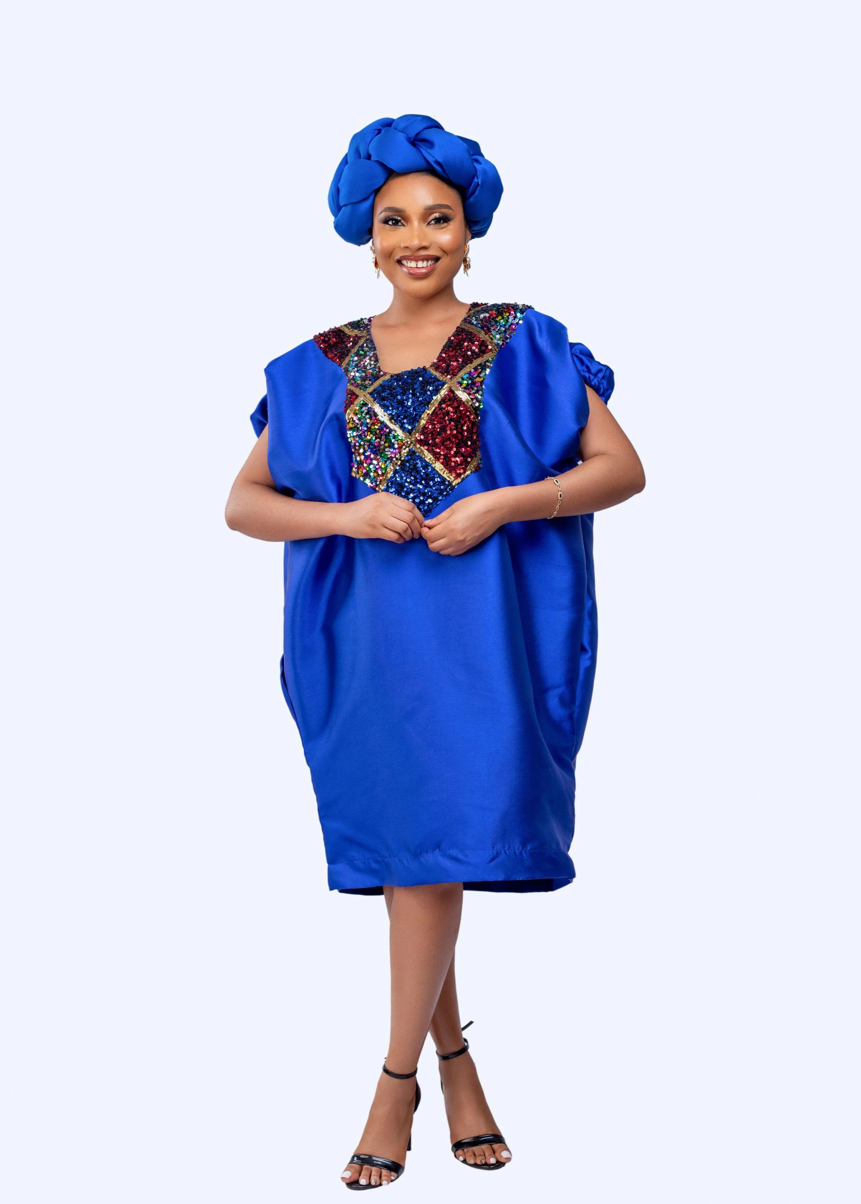 Buga Boubou Short Dress with Multicolored Sequin neckline (Blue)