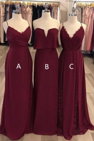 Burgundy Chiffon Mismatched Bridesmaid Long Dresses for Wedding Party