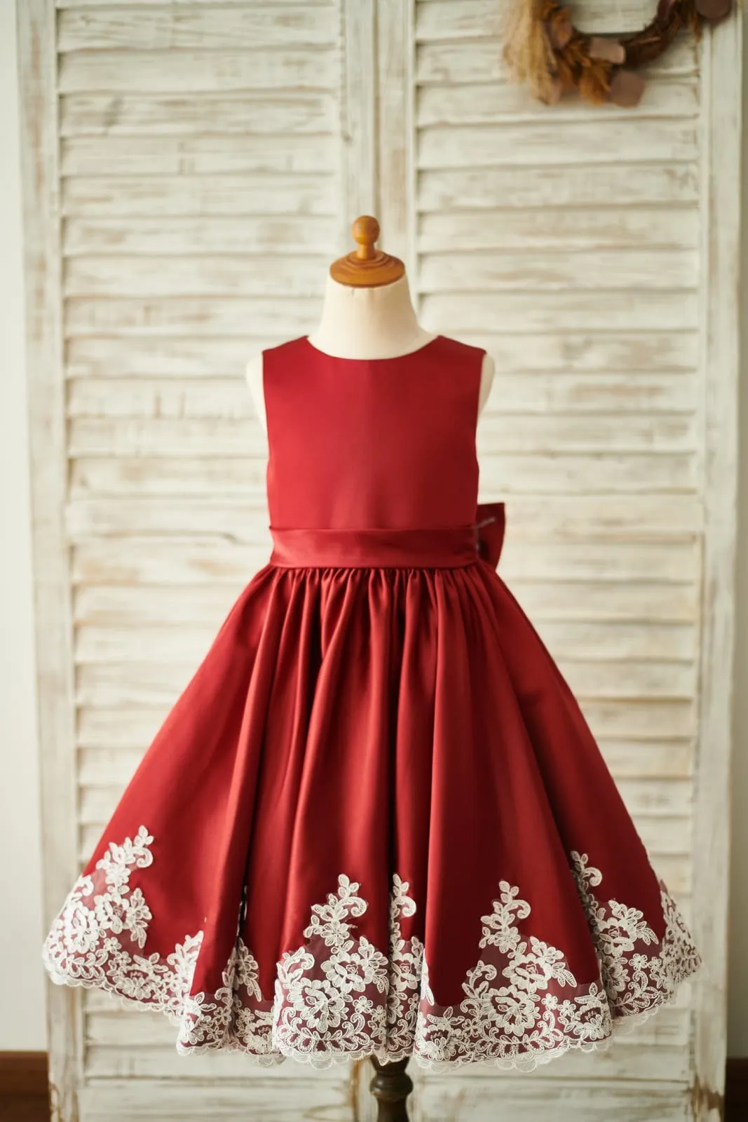 Burgundy Satin Ivory Lace Keyhole Back Wedding Flower Girl Dress