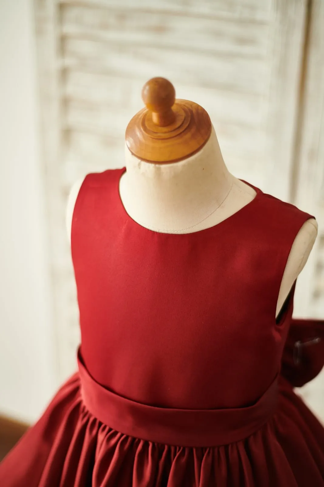 Burgundy Satin Ivory Lace Keyhole Back Wedding Flower Girl Dress