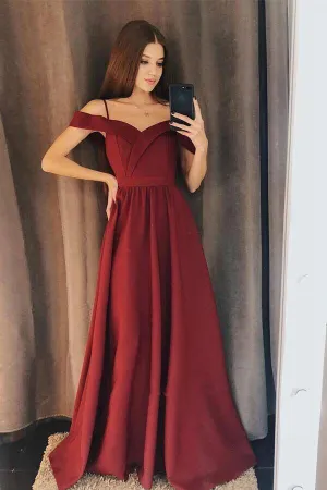 Burgundy Satin Off Shoulder Prom Dresses, Long Bridesmaid Dresses, MBD238