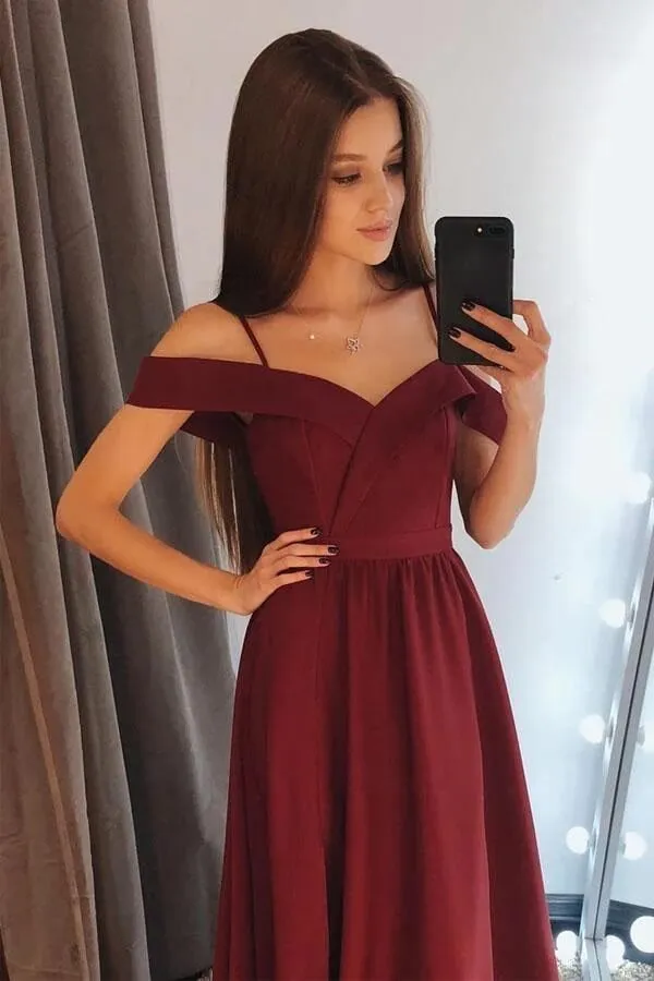 Burgundy Satin Off Shoulder Prom Dresses, Long Bridesmaid Dresses, MBD238