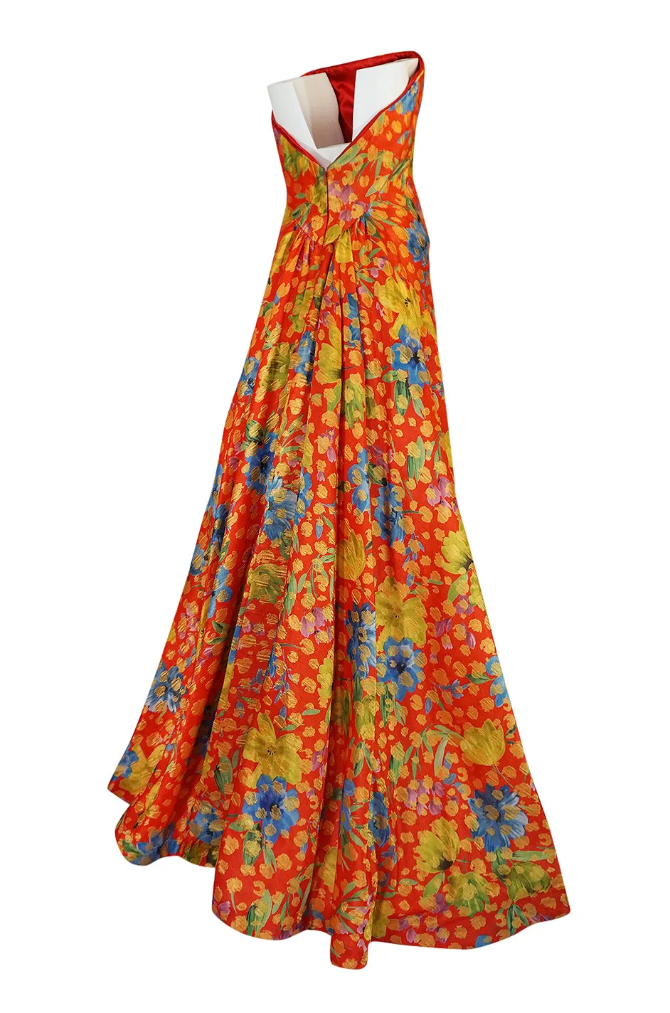 c.1998 Sully Bonnelly Red & Gold Floral Strapless Trained Dress