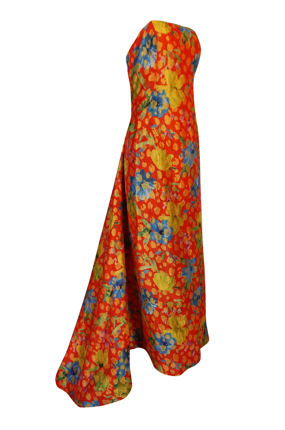 c.1998 Sully Bonnelly Red & Gold Floral Strapless Trained Dress