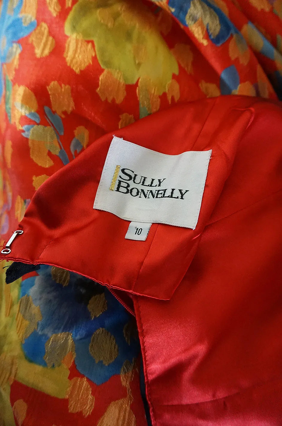 c.1998 Sully Bonnelly Red & Gold Floral Strapless Trained Dress