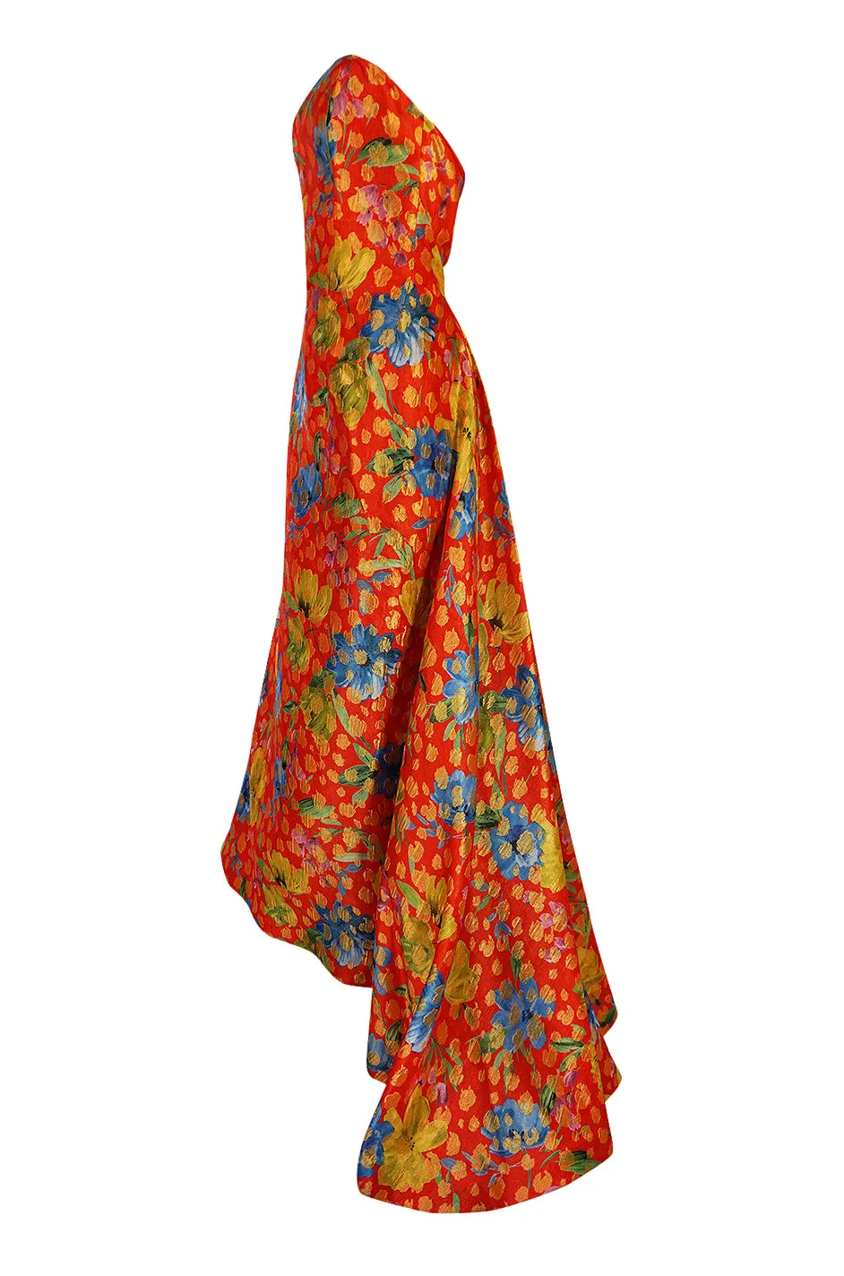 c.1998 Sully Bonnelly Red & Gold Floral Strapless Trained Dress