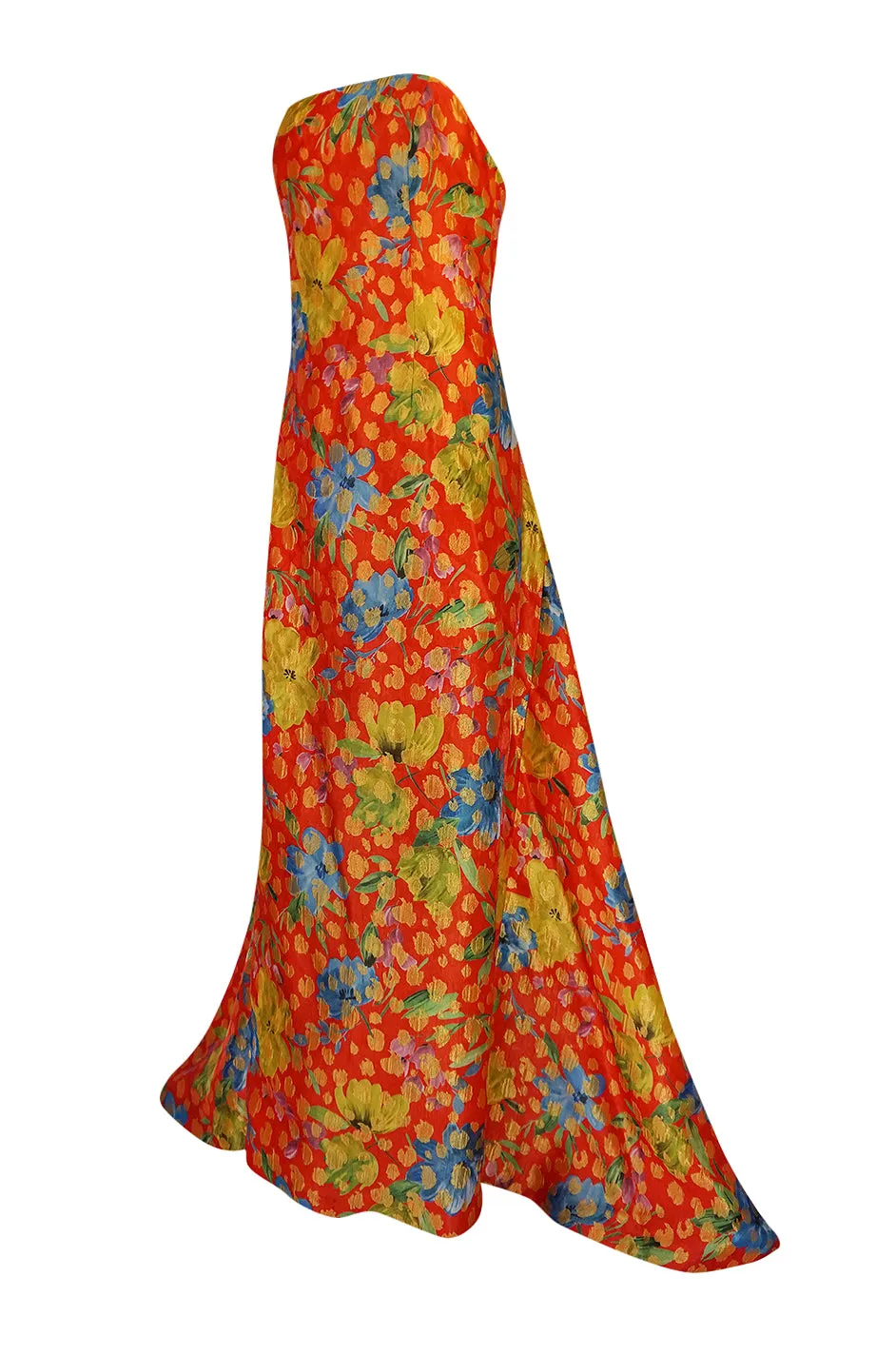 c.1998 Sully Bonnelly Red & Gold Floral Strapless Trained Dress