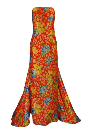 c.1998 Sully Bonnelly Red & Gold Floral Strapless Trained Dress