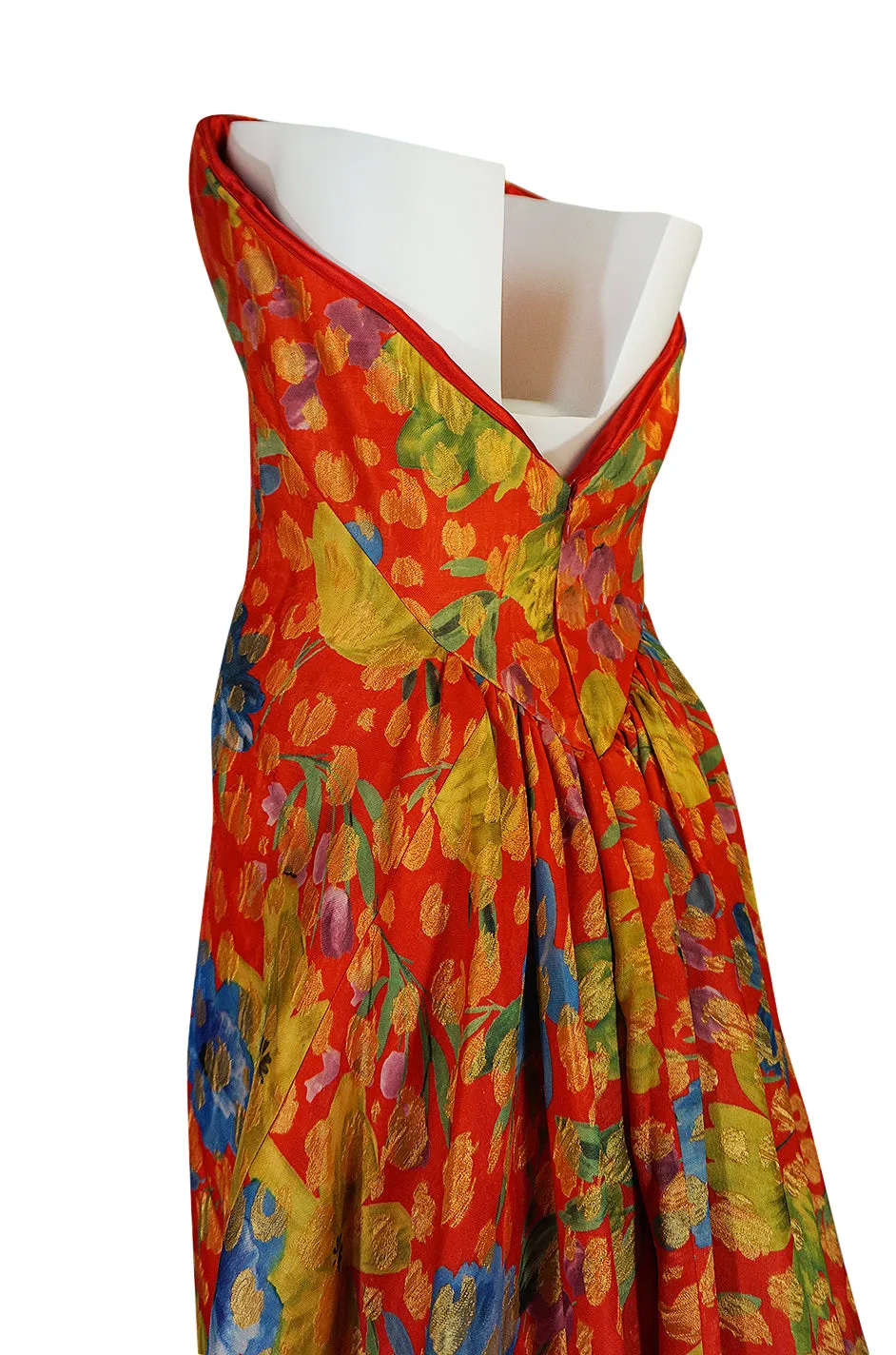 c.1998 Sully Bonnelly Red & Gold Floral Strapless Trained Dress