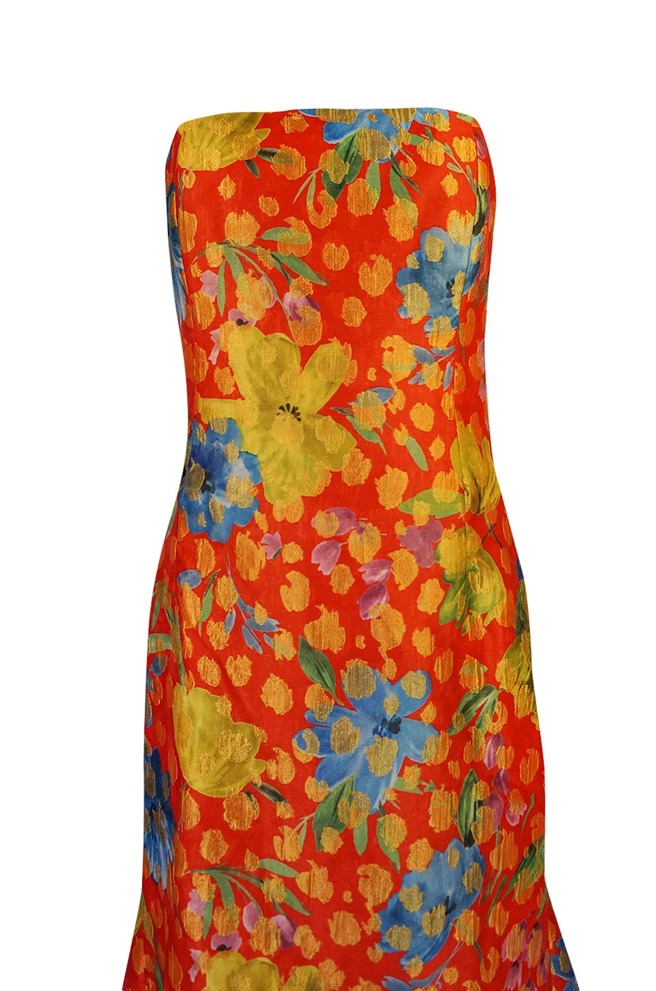 c.1998 Sully Bonnelly Red & Gold Floral Strapless Trained Dress