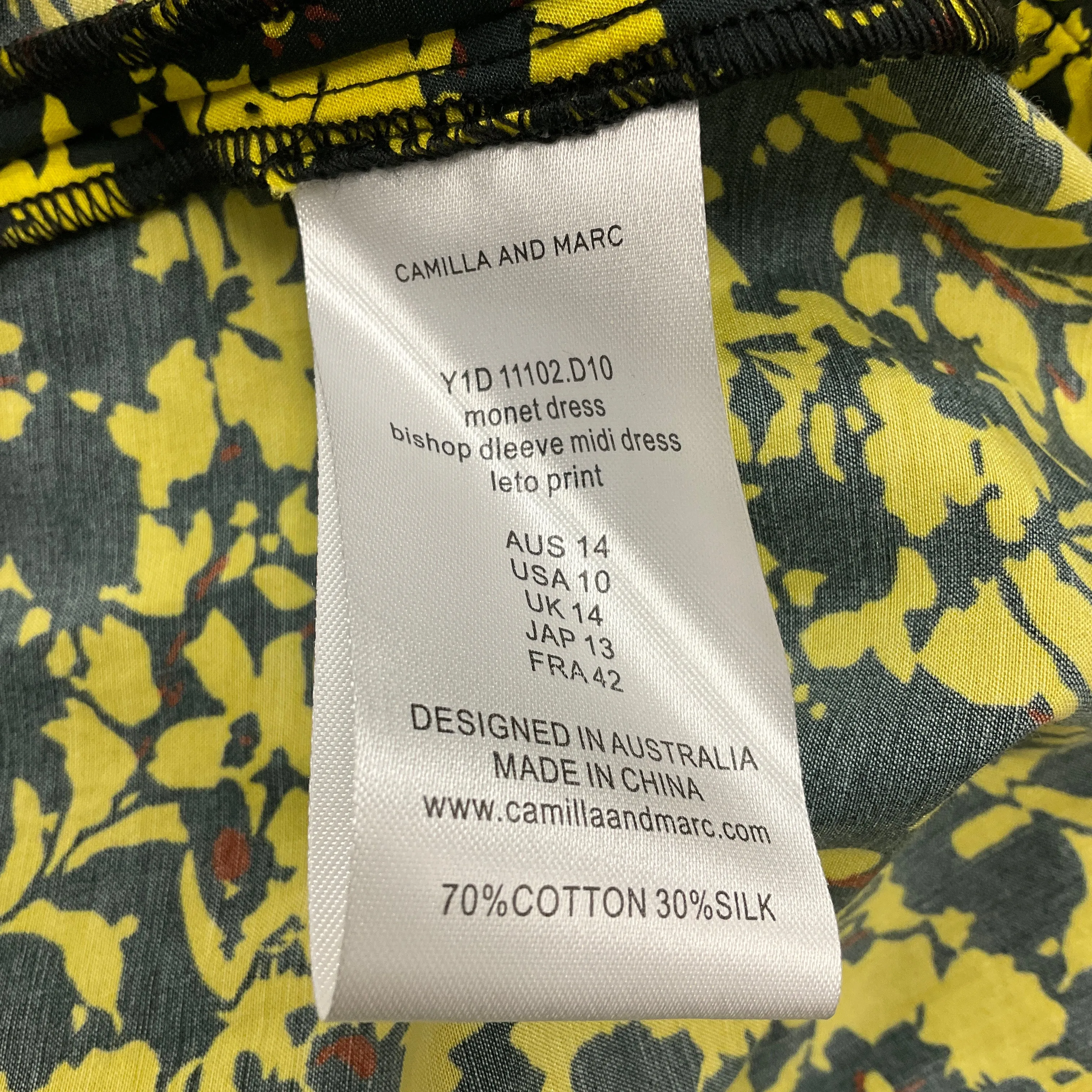 Camilla and Marc Black / Yellow Leto Print Bishop Sleeve Midi Monet Dress