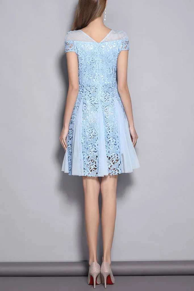 CAP SLEEVE CONTRAST HOLLOW OUT LACE A-LINE DRESS