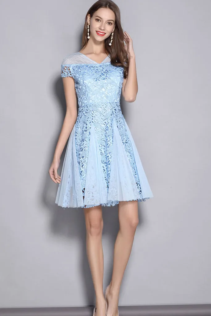 CAP SLEEVE CONTRAST HOLLOW OUT LACE A-LINE DRESS