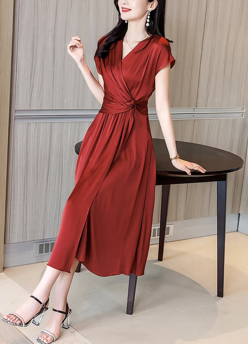 Cap Sleeve Surplice Waist Draped Silk Dress