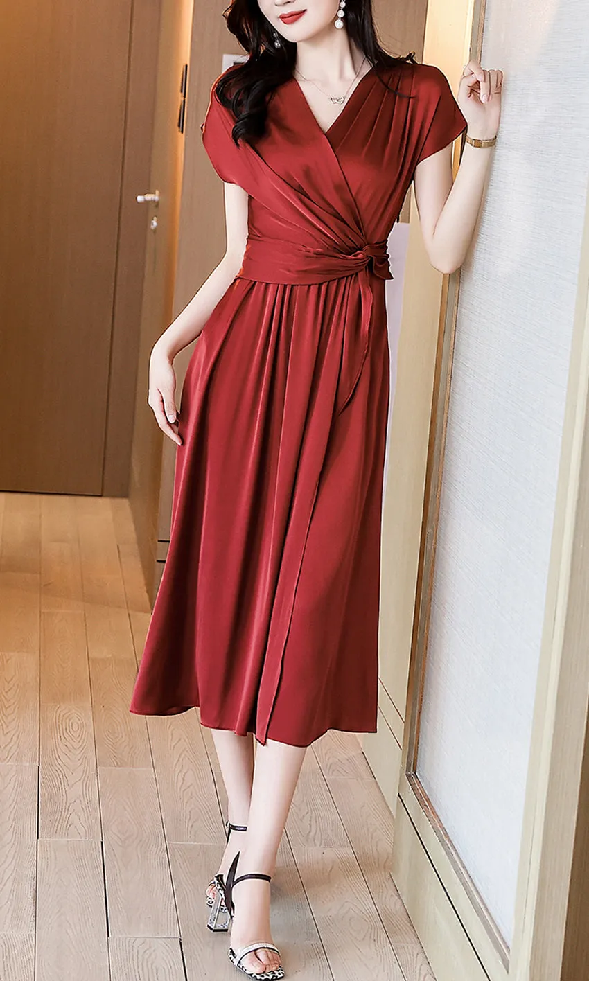 Cap Sleeve Surplice Waist Draped Silk Dress