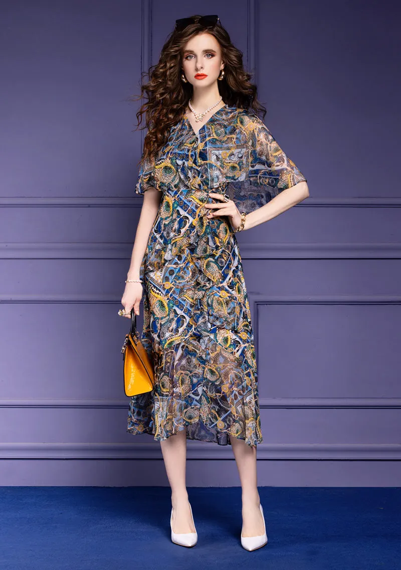 Cappa Sleeve Asymmetrical Hem Silk Dress