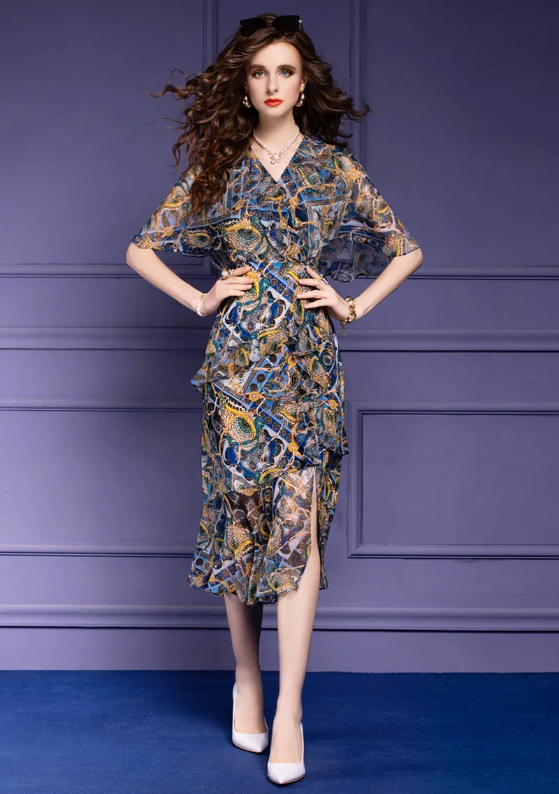 Cappa Sleeve Asymmetrical Hem Silk Dress