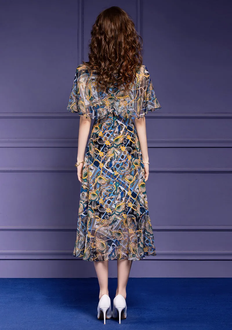 Cappa Sleeve Asymmetrical Hem Silk Dress