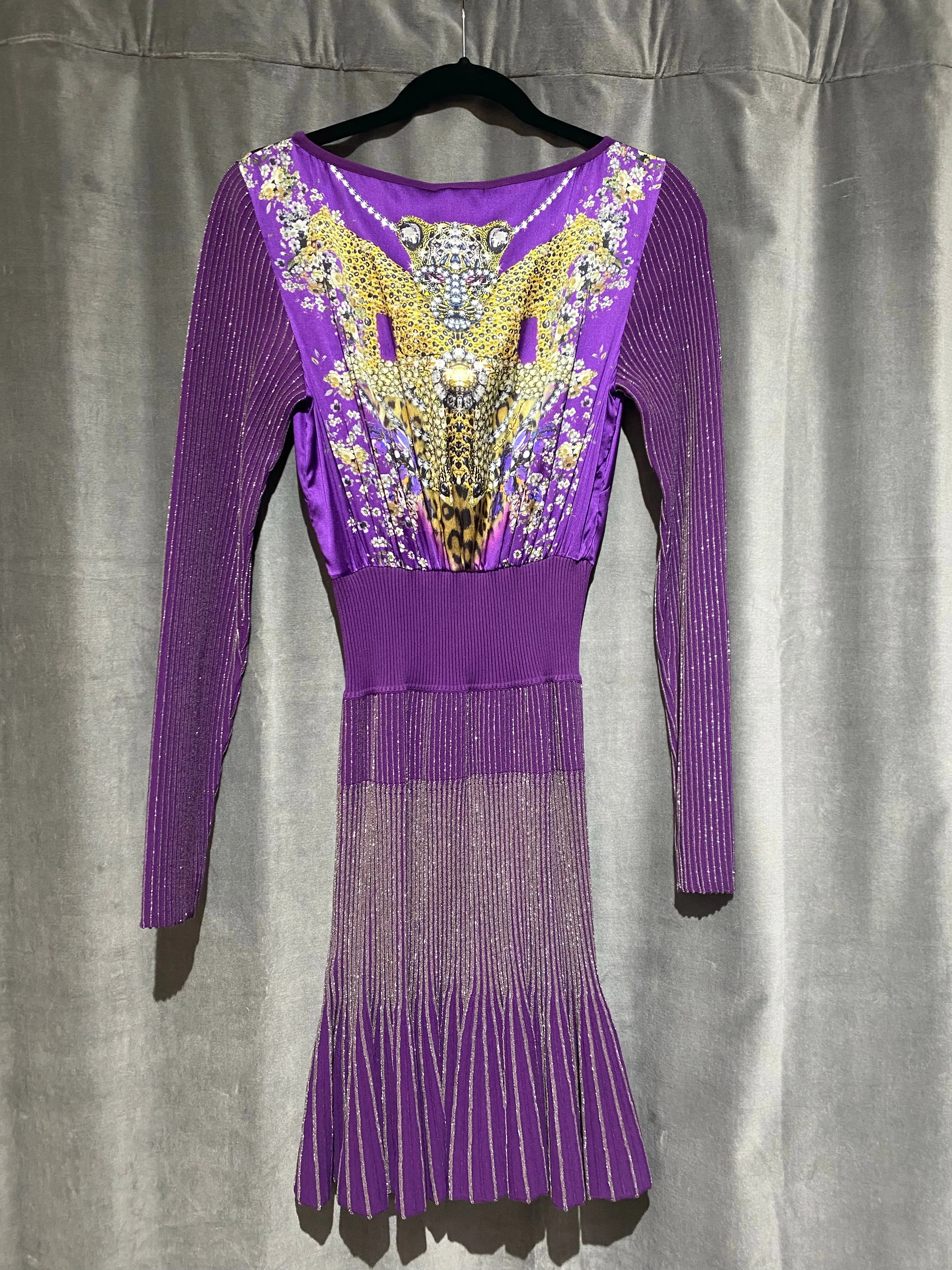 Cavalli Class purple Long Sleeve Knit and Silk Full Skirt Dress