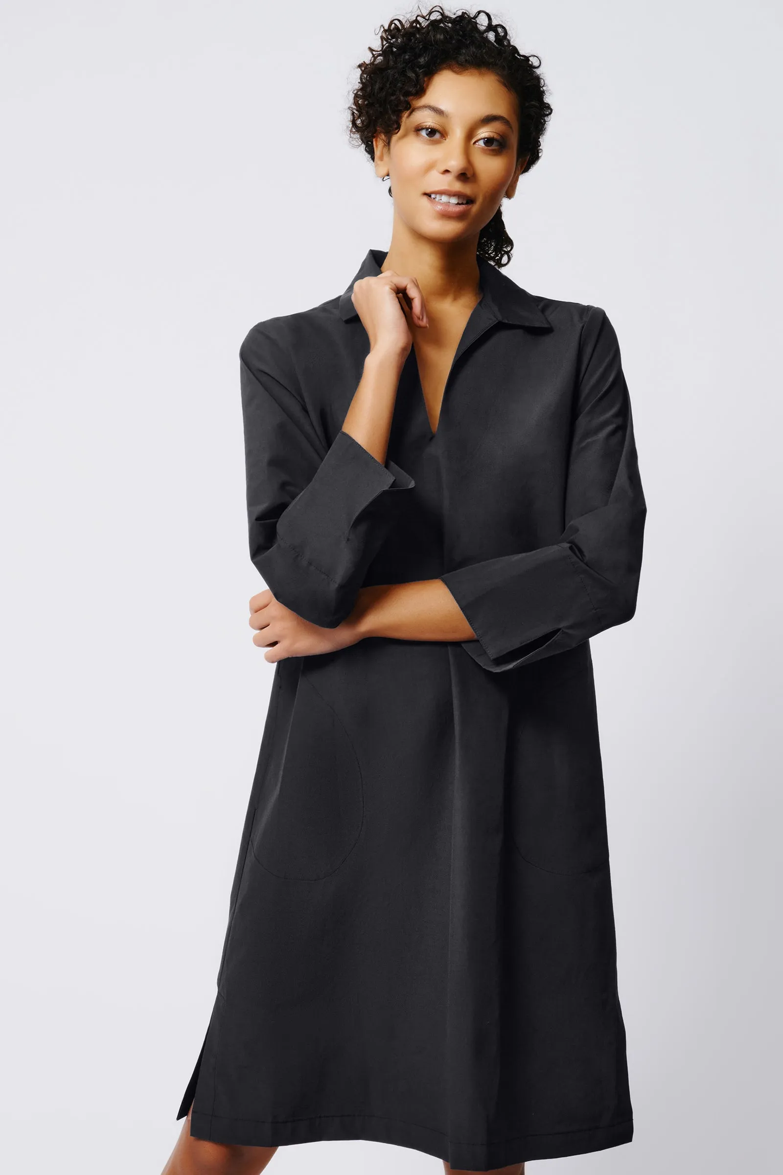 Cecil Collared V-Neck Dress - Black Broadcloth