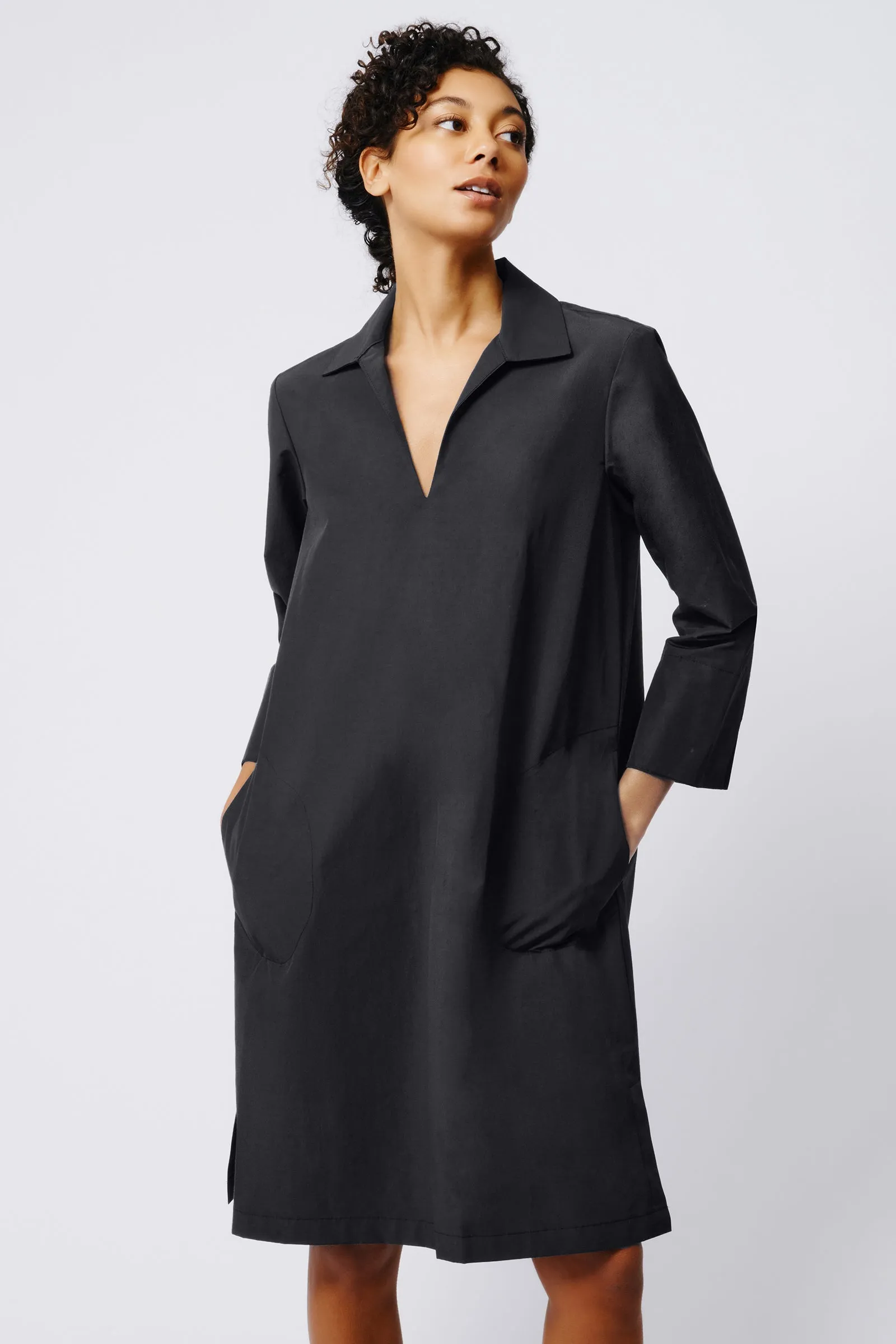 Cecil Collared V-Neck Dress - Black Broadcloth