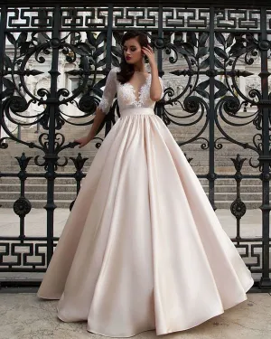 Champagne Satin Lace Wedding Dresses Half Sleeves Sheer Bateau Elegant Bridal Wedding Gowns 2018