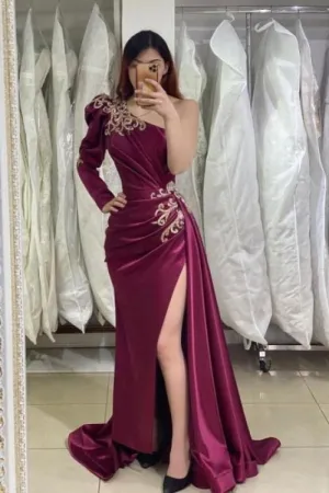Charming Burgundy Evening Dresses With Sleeves Side Slit Prom Dress