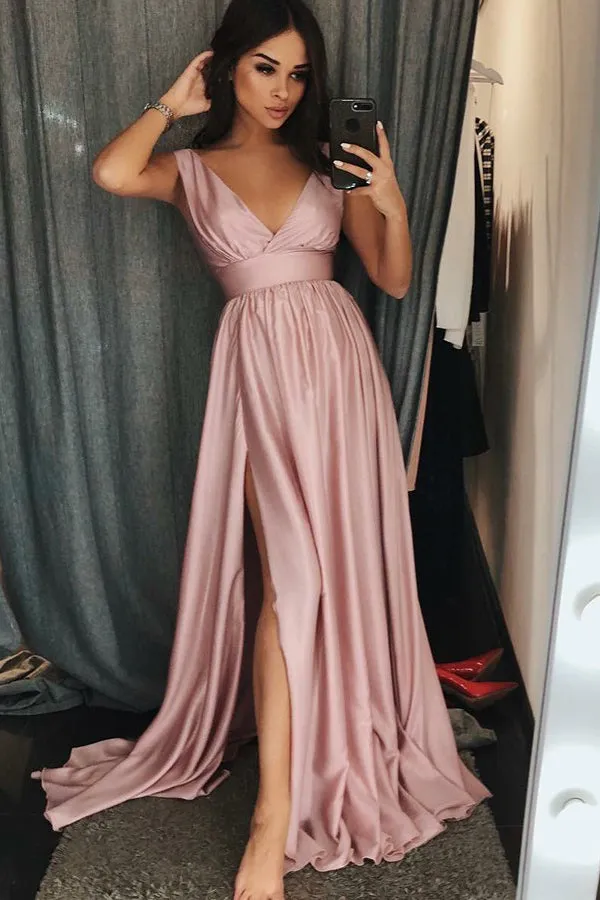 Cheap A-Line V-Neck Sweep Train Pink Prom Dresses with Pleats Split OKI92