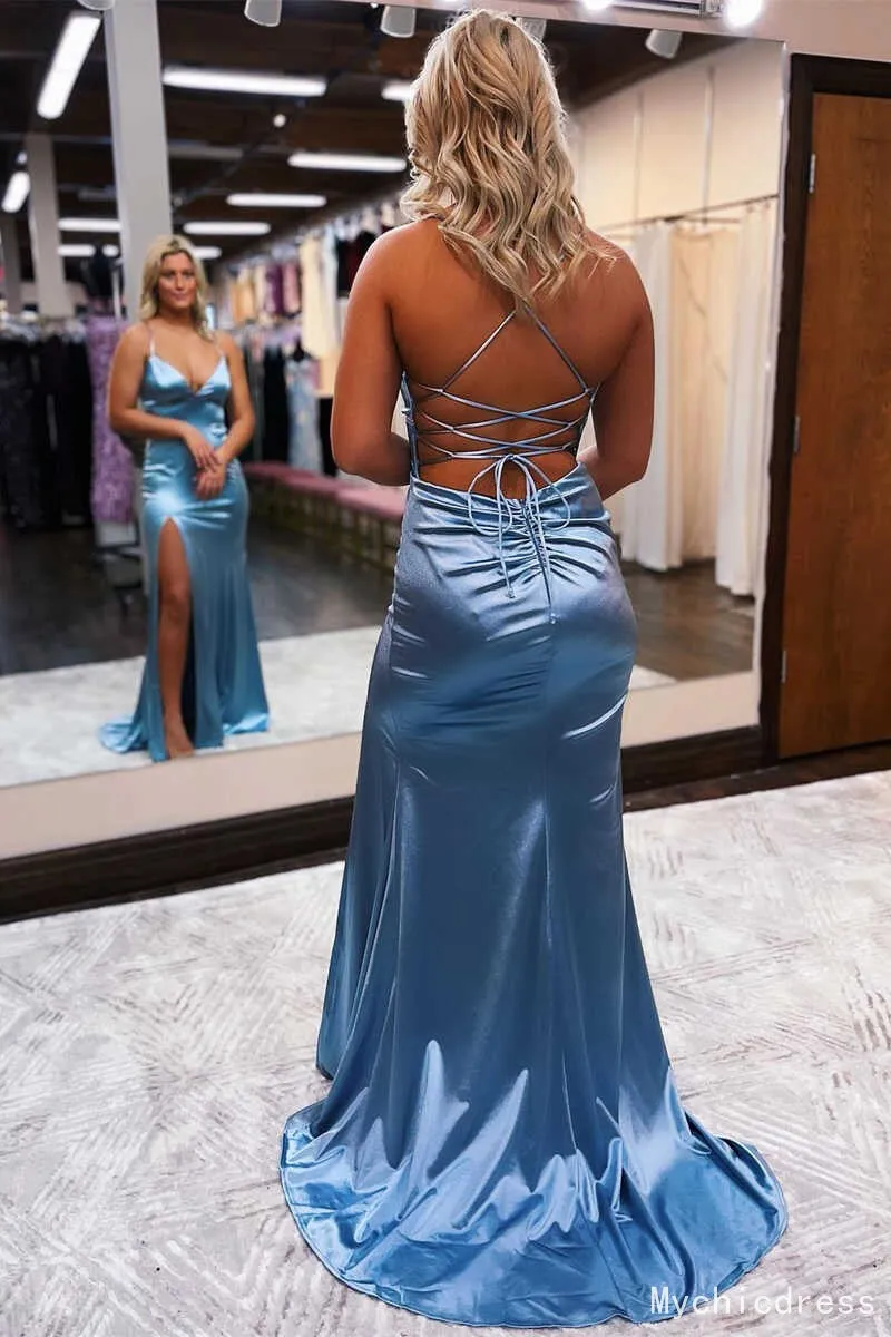 Cheap Satin V-Neck Mermaid Long 2025 Prom Formal Dress Lace-Up Back