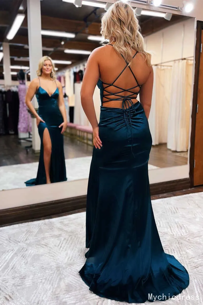 Cheap Satin V-Neck Mermaid Long 2025 Prom Formal Dress Lace-Up Back