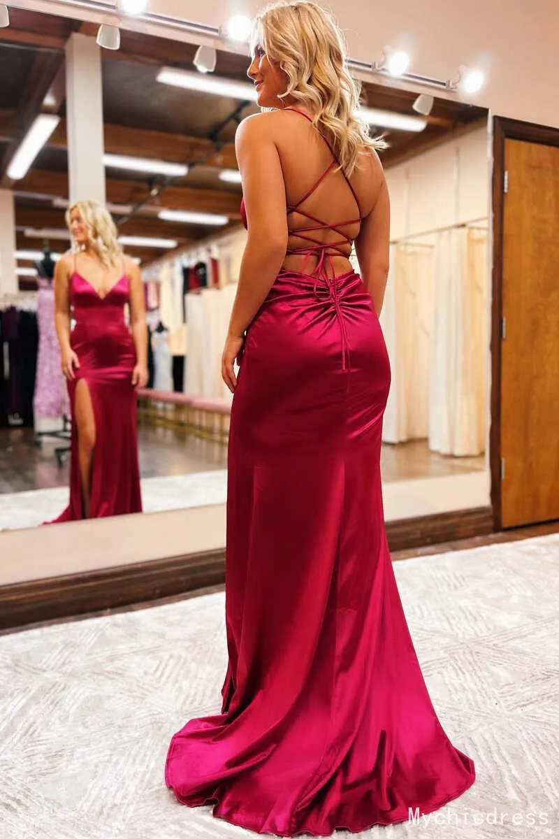 Cheap Satin V-Neck Mermaid Long 2025 Prom Formal Dress Lace-Up Back